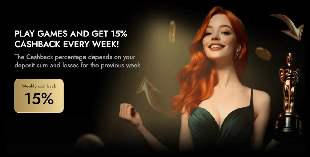 Baner promocyjny Oscar Spin 15% tygodniowego cashbacku z figurką Oscara